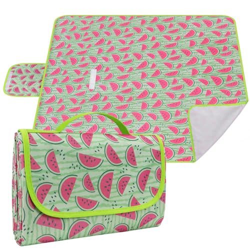 Ninonly Picknickdecke Wasserdicht Picknickdecke 200 x 200cm Tragbare Waschbar Extra Große Stranddecke Sandfreie Mit Tragegriff Leicht Tragbar Isoliert für Camping, Picknick, BBQ, Wassermelonenmuster