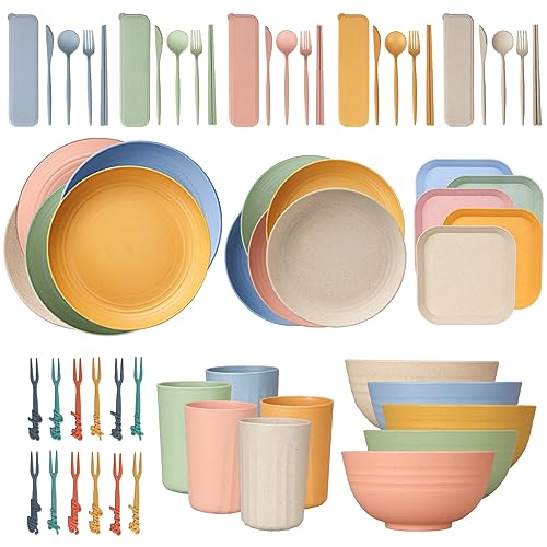 62 Teiliges Unzerbrechliches Geschirr Set, Wiederverwendbar Camping Geschirr Set für 5 Personen Plastikgeschirr Picknick Geschirr Sets Leicht Bunt Grill Servierteller Schüsseln Besteck Set