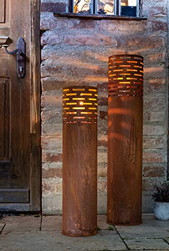 2 Windlicht-Säulen aus Metall im Rost Design, 75 + 95 cm hoch, Garten-Laterne, Kerzenständer, Kerzenhalter