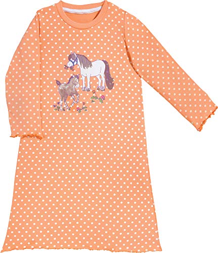 Erwin Müller Single-Jersey Kinder-Nachthemd - Pyjama Langarm - mit Rundhalsausschnitt - hautfreundliche und elastische Qualität - Pferde - apricot/weiß - Größe 122/128