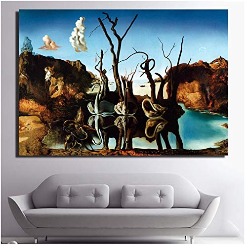 YANGMENGDAN Druck auf Leinwand Kunst Salvador Dali Malerei Schwäne reflektierende Elefanten Wandbilder für Wohnzimmer Wohnkultur Gedruckt 70 x 100 cm (27,5