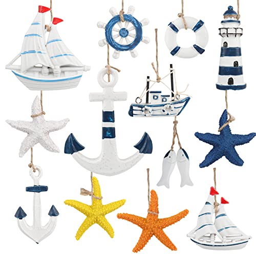 IWILCS 13 Stücke Maritime Anhänger Nautische Deko,Maritime Dekoanhänger Set,Anker Seestern Rettungsring Fisch Leuchtturm Steuerrad für Mini-Fischernetz, Wanddekorationen im Strand/Küstenmotiv