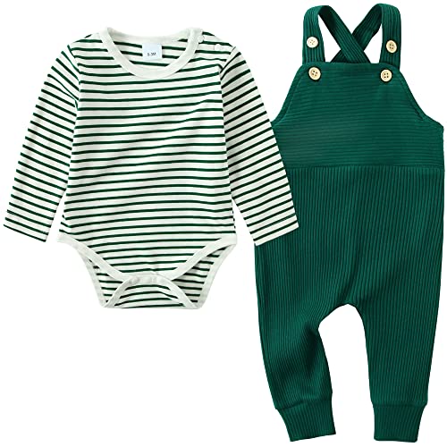 ZOEREA Baby Jungen Bekleidungssets Neugeborenes Baby Kleidung Baumwolle Langarm Streifen Strampler + Latzhose Hose Outfits Set Grün,6-12 Monate