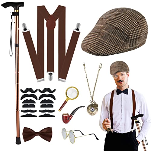 WILDPARTY 20er Jahre Kostüm Herren Accessoires, Faltbarer Krücken Metall, Lupe, Hut,Taschenuhr, Metallbrille, Fliege, Mafia Gatsby 1920 Gangster Sherlock Holme Detektiv Kostüm Halloween