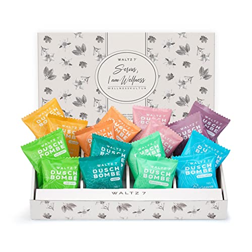 WALTZ 7 Original Duschbomben Set, 16 Stück, 8 Düfte, Dankeschön Geschenk Frauen, Männer, natürliche ätherische Öle, Geburtstagsgeschenk Beste Freundin, Mama, Geschenkbox, Ostergeschenk Erwachsene
