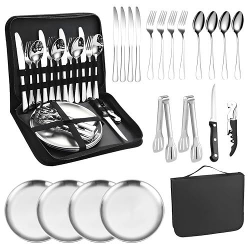 RoserRose Camping Geschirr Set für 4 Personen, 20-Teilig Tragbar Und Langlebig, Edelstahl Outdoor-Geschirr FüR Camping Und Picknick - Campinggeschirr, Ideal FüR Outdoor-AktivitäTen (Silber)