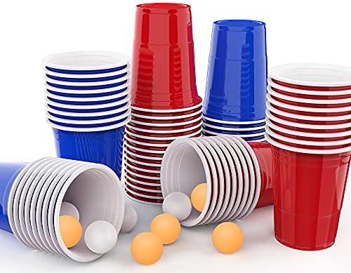 MOZOOSON Becher Set, 50 Red Cups + 50 Blue Cups+10 Tischtennisbälle für Party Inklusive E-Book Kartenspiele Wiederverwendbare Plastikbecher Partybecher Spülmaschinenfest