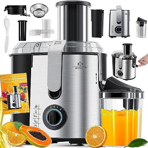 KESSER® Entsafter für Obst und Gemüse aus Edelstahl 1100W große 85 mm Einfüllöffnung inkl. Reinigungsbürste und Saftbehälter 3 Geschwindigkeitsstufen, Saftpresse Juicer, Grau/Silber