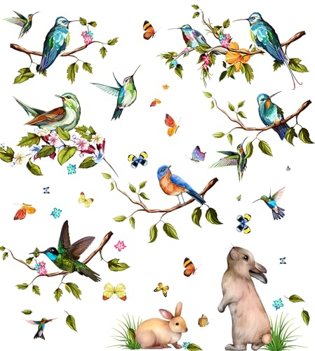 Moxled 9 Blatt Fensterbilder Frühling Vögel Selbstklebend - Fensterdeko Frühling Fenstersticker Blumen Schmetterlinge Sommer Fensteraufkleber Wiederverwendbare für Kinderzimmer Ostern Deko Frühling