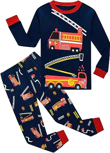 EULLA Kinder Jungen Schlafanzug Langarm Baumwolle Winter Pyjama Set Feuerwehrwagen Zweiteiliger Nachtwäsche 5 Jahre alt Größe 110 A-Dunkelblau Feuerwehrwagen DE 110