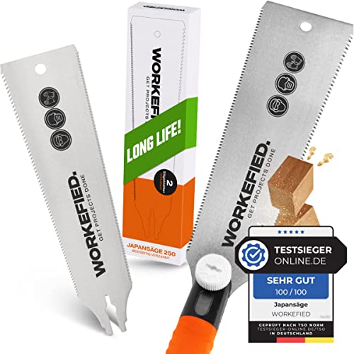 WORKEFIED Japansäge Ryoba [Holzsäge] mit 2. Sägeblatt Gratis | Japanische Handsäge/Feinsäge für Holz u. Kunststoff - Japanese Saw