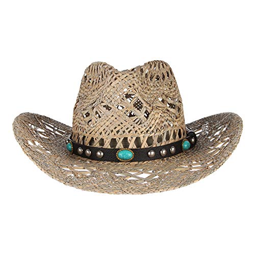 LTSWEET Herren Damen Cowboy Strohhut Westernhut Sonnenhut Strand Kappe Natürliches Stroh Atmungsaktiv Breiter Krempe Sonnenschutz Draussen Sport,C