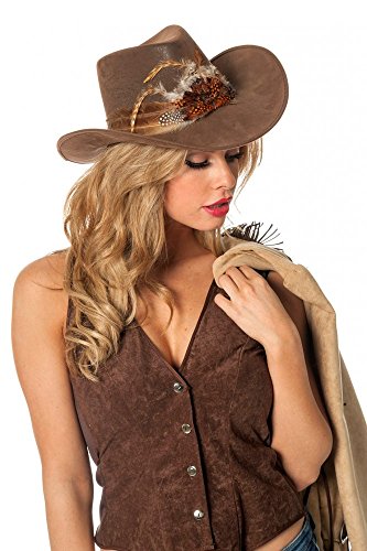shoperama Brauner Cowboyhut mit Federn Luxusausführung Wildleder-Optik Damen Western Cowgirl Hut