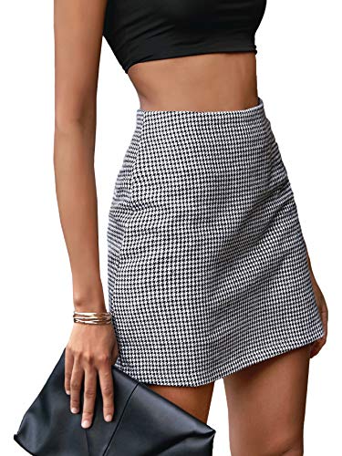 DIDK Damen Kariert Röcke Elegant Büro Rock Bleistift Figurbetont Minirock mit Plaid A Linie Hohe Taille Herbstrock Schwarz-Weiß#2 M