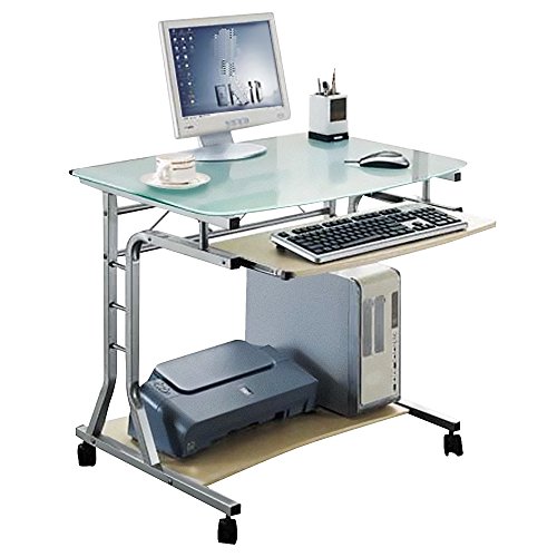 SixBros. Schreibtisch mit Glasplatte, rollbarer PC Tisch, Rollwagen, Kleiner Computerschreibtisch auf Rollen, 80 x 60 cm CT-3791A/41