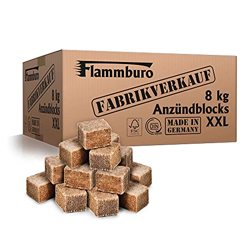 FLAMMBURO (8 kg Ökologische XXL Anzündwürfel vom Deutschen Hersteller, Grillanzünder, Kaminanzünder, Ofenanzünder, Anzündwürfel, Anzündwolle - DIN zertifizierte Qualität Made in Germany - (8 kg)