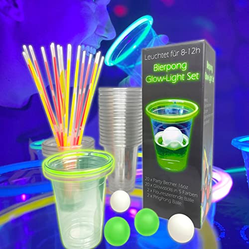 Bierpong Glow-Light Set inkl. 20 Plastik Becher + 20 Knicklichter in 5 Farben + 4 Bällen | 2 Beerpong Ping Pong Bälle | Glow Light Party Set für Schwarzlicht | Party Festival Zubehör 2022