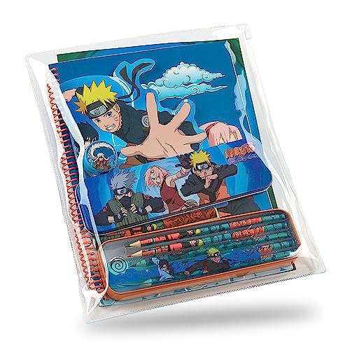 Naruto Schreibwaren Set, Anime Zurück-zu-Schul Sachen, Inklusive Notizbuch A5 und A4 Größen, Buntstifte, Federmäppchen Kawaii, Ballpoint Pen, Radiergummi, Anspitzer, & Lineal, Naruto Geschenke