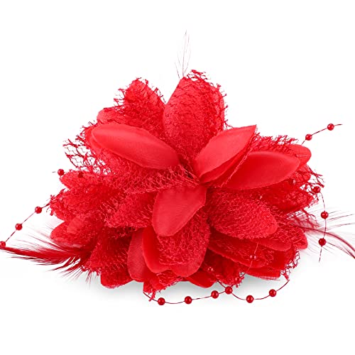 Sibba Blumenclips Hut Haarnadel Haarspange Federn Blumen Clip Rot Rosen Haarnadeln Haarschmuck Hochzeit Stirnband Cocktail Headwear Frauen Mädchen Hüte Pillbox Hut Klassisch Tea Party Weihnachten