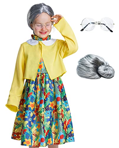 IKALI Mädchen 100 Jahre alte Kostüm Kinder Oma Outfit Alte Dame Zettel für den 100. Schultag mit Cape Perücke Gläserketten Riemen 5 Stück 7-8 Jahre
