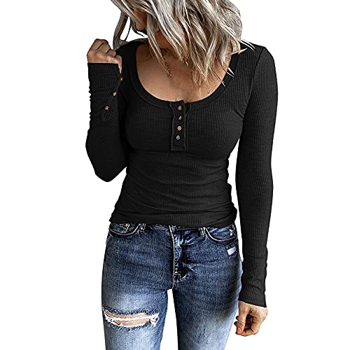 Pullover Damen V Ausschnitt Weich Langärmlige Pullover Elegante Frühlingse Boyfriend Gerippte Sweater Frauen Geknöpftes Park Solid Schwarz