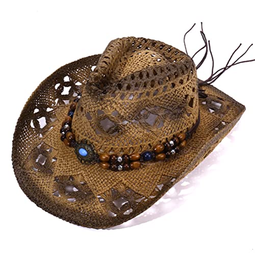YIPUTONG Cowboyhut, Stroh Cowboyhüte für Damen und Herren Atmungsaktiver Hohler Cowboyhut Vintage Breiter Krempe Strandhut