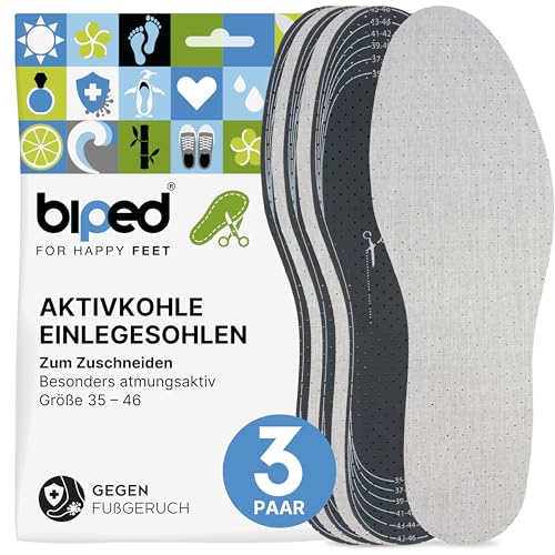 biped 3 Paar Aktivkohle Latex Einlegesohlen - zum Zuschneiden - zur Klimaregulierung, gegen Fußgeruch, für hygienisch frische Schuhe und Füße z2724