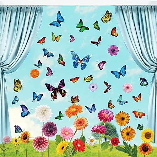 Fensterbilder Frühling Selbstklebend，Klebefolie Anti-Kollision Aufkleber Fenster Deko，Fenstersticker Schmetterling，Fenstersticker Blumen Fensterdeko für Kinderzimmer Party Zubehör (A)…
