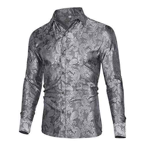 Allthemen Herren Paisley Hemd Langarm Jacquard Hemd für Männer Regular Fit Stickerei Freizeithemd Grau L #30 Grau L