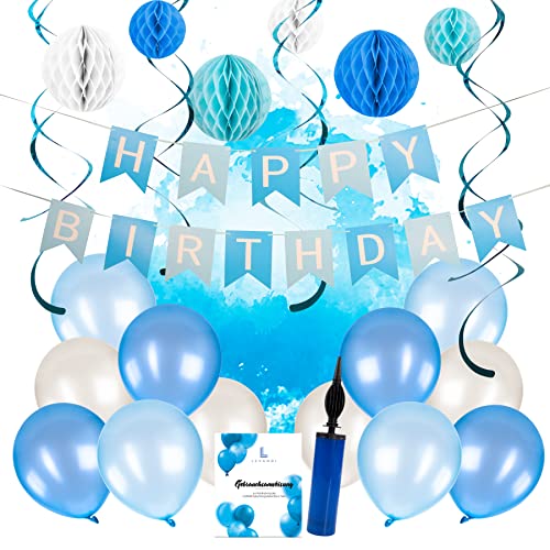 LEVANDI® Premium Geburtstagsdeko Set Jungen in Blau - Weiß [24 Teile] I Wiederverwendbar mit Luftpumpe & Zubehör I Wunderschöne Party Deko mit Luftballons, Happy Birthday Girlande & Wabenbällen