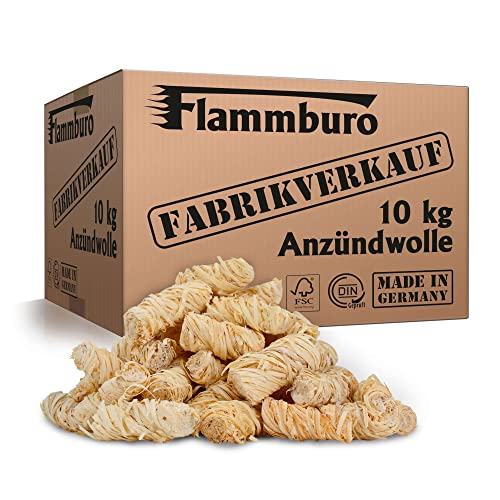 FLAMMBURO (10 kg) Öko-Anzündwolle direkt vom Hersteller, Holzwolle, zertifizierter Holz-Ursprung, FSC®-zertifiziertes Produkt, pflanzliches Wachs, ökologische Grillanzünder, Kaminanzünder, 10 kg