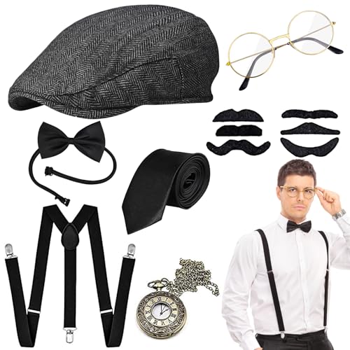 Tigvio 20er Jahre Kostüm Herren, Mafia Kostüm Herren Peaky Blinders Kostüm, Gatsby Gangster 20er Jahre Accessoires mit Panamahut Hosenträger Taschenuhren Brille Fliege Krawatte Bärte für Herren