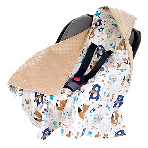 Einschlagdecke 100% Baumwolle 85x85cm Kuscheldecke für Kinderwagen Babyschale universal Baby Decke doppelseitig Babydecke Buggy Autositz (Boho Animals mit beige Minky)