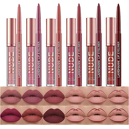 12 Stück Matt Lippenstift Lipliner Set Velvet Nude Lipstick Lippenkonturenstift Waterproof Long Lasting Non-stick Cup Stay On 24 Hours Liquid Lipstick Makeup Set(A)