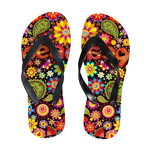 Damen Sommer Casual Strand Tanga Flip Flops Walking Sandalen Blumen Hippie Musik Frieden Liebe, Color492, Large
