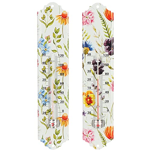com-four® 2X Analoges Thermometer - Metall-Thermometer für innen und außen - Bunter Temperaturmesser mit Blumen-Design [Auswahl variiert] (2 Stück - Blumen-Design 29.5cm)