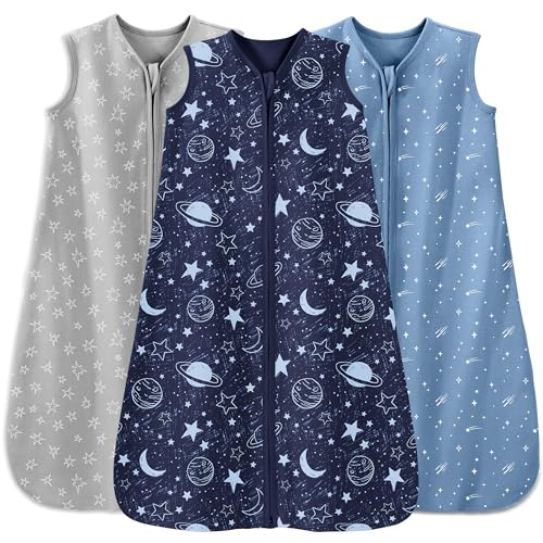 Unnivoll 3er Pack Baby Schlafsack Sommer 0.5 Tog 100% Baumwolle Sommerschlafsack Babyschlafsack 12-18 monate 84 cm für Jungen Mädchen Kinder Grauer Blauer Planet