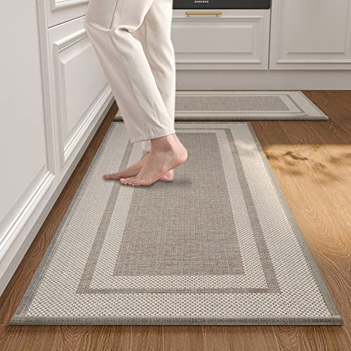 2er Küchenteppich Waschbar Rutschfest Teppich Läufer, Weben Küchenmatte Küchenläufer Schmutzfangmatte Küche und im Esszimmer Badematten Set mit Rückseite aus Naturkautschuk 44x75cm+44x120cm (Braun)