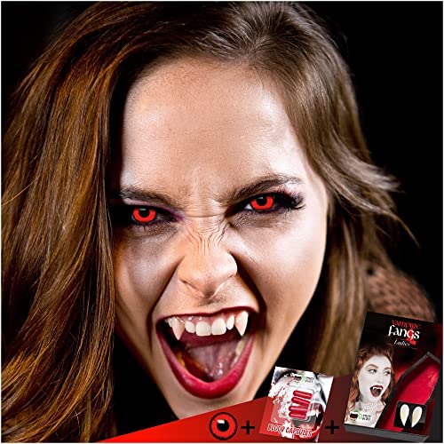 FXCONTACTS Großes Halloween Set, Red Lunatic Kontaktlinsen + Vampirzähne + Kunstblut Kapseln, Vampirzähne passend zum horror Kostüm Assecoires, gruselig für Twilight, Zombie, Monster, Teufel