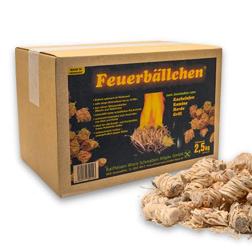 Feuerbällchen - das Original - zum Anzünden von Kachelofen, Kamin, Herd, Grill, Lagerfeuer - aus reinen Naturprodukten - unempfindlich gegen Nässe - Made in Germany - 2,5 kg Schachtel (ca. 200 Stück)