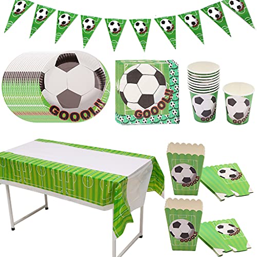 Amycute 48-teiliges Party-Set Fussball Geburtstag Partygeschirr für 10 Gäste Happy Birthday Banner Pappbecher, Pappteller, Tischdecke, Kindergeburtstag Party Party Dekoration Junge