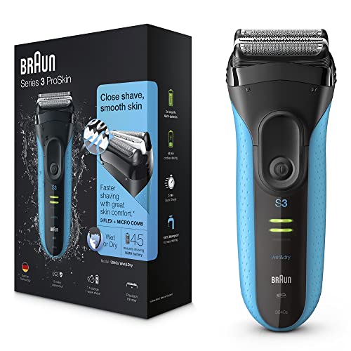 Braun Series 3 ProSkin Rasierer Herren, Elektrorasierer & Trimmer, wiederaufladbarer und kabelloser elektrischer Rasierer, 45 Min Laufzeit, Wet&Dry, Vatertagsgeschenk, 3040s, schwarz/blau