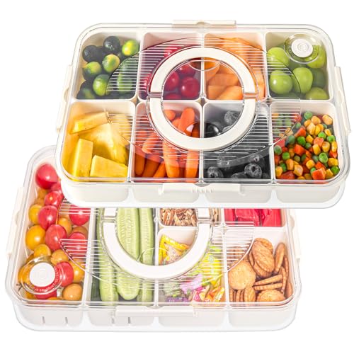 Luxear Snackbox mit 14 Fächern, 2 Set Snackteller mit Deckel und Griff, Snackschale Kinder, Snackdose Organizer für Snacks Süßigkeiten Nüsse Obst Gewürze, für Party Picknick Trips, Spülmaschinenfest