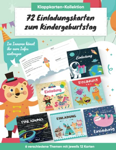 72 Einladungskarten Kindergeburtstag: 6 verschiedene Designs mit jeweils 12 Geburtstagseinladungen