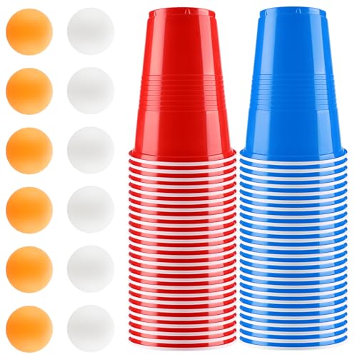 Auauraintt Bierpong Becher Set,Beerpong Partybecher Enthält 50 Becher (16oz) und 12 Tischtennisbälle,mehrwegbecher,Für Party Trinkspiele,Party Geburtstag Festivals Hochzeit Camping