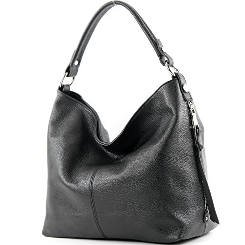 modamoda de - ital. Damen Schultertasche Henkeltasche aus Leder T160, Farbe:Schwarz2021