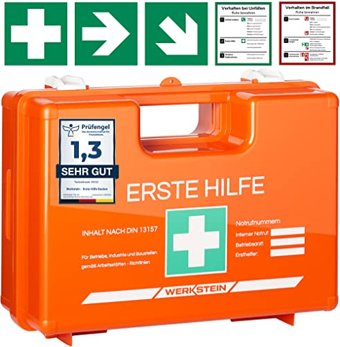 Erste Hilfe Kasten mit Inhalt nach neuer DIN 13157:2021 I Inkl. praktischer Wandhalterung, 5x Aufkleber & Plombe I Erste Hilfe Koffer für Betriebe, Einrichtungen & Zuhause