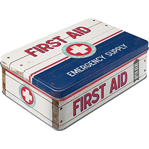 Nostalgic-Art Retro Vorratsdose Flach, 2,5 l, First Aid Blue – Emergency Supply – Geschenk-Idee für Dein Zuhause, Blech-Dose mit Deckel, Vintage Design