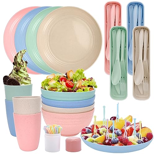 28 Pcs Camping Geschirr Set Plastik,Unzerbrechliches Geschirr Set 4 Personen mit Teller Nachtischteller Schalen Tassen Besteck Fruchtgabel,Geschirrset Leicht für Kinder Erwachsene Abendessen Picknick