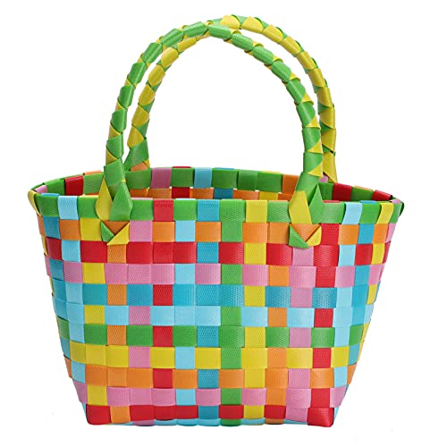 Cabilock Einkaufskorb Tragbar Kunststoff Gewebter Korb Geflochtene Damen Shopper Einkaufstasche Strandtasche Picknickkorb Henkelkorb Tragekorb Gemüse Obst Aufbewahrungskorb mit Kurz Griff Grün